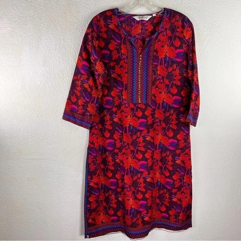BIBA KURTA/Tunic. Red, Blue & Purple w/Sequins at neck. Size 36. 100% Cotton - Picture 1 of 8